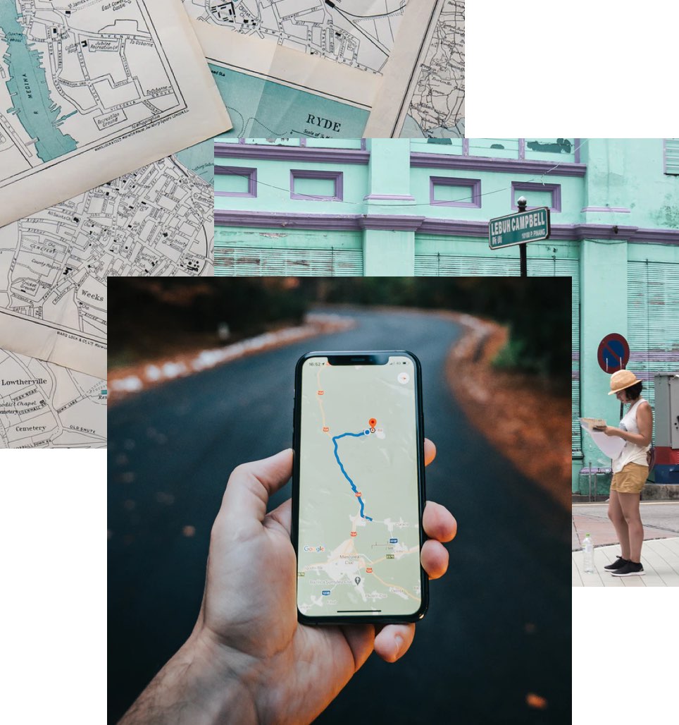 A collage of three photos intended: one photo of a hand holding a phone displaying a map, one photo of a woman holding a paper map, one photo of a close up paper map
